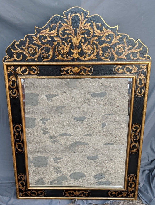 BLACK PAINTED MIRROR WITH PEDIMENT AND GOLD DETAIL