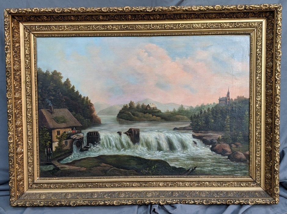 OIL PAINTING OF WATERFALL AND WATERMILL