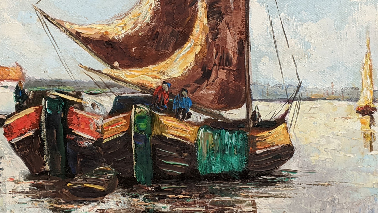 OIL PAINTING OF SAILING SHIPS IN THE HARBOR