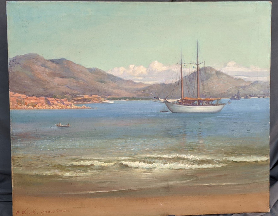 UNFRAMED OIL PAINTING OF SAIL BOAT IN ACAPULCO BAY