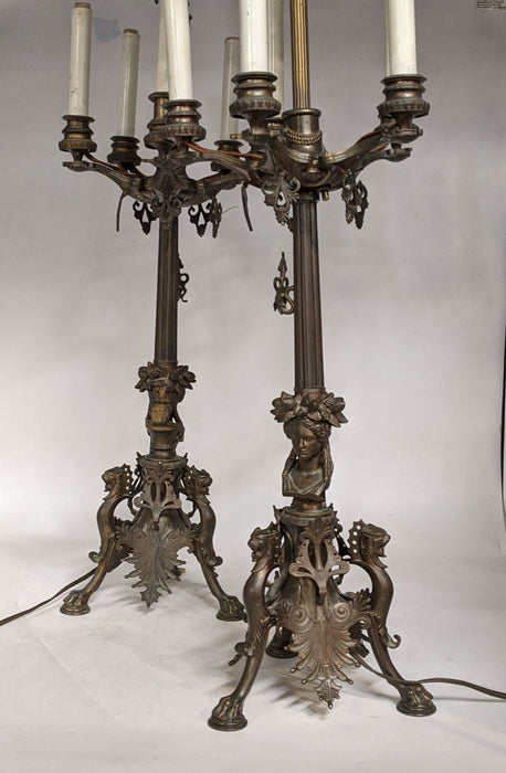 PAIR OF TALL FRENCH BRONZE FIGURAL LION CANDLEABRA LAMPS