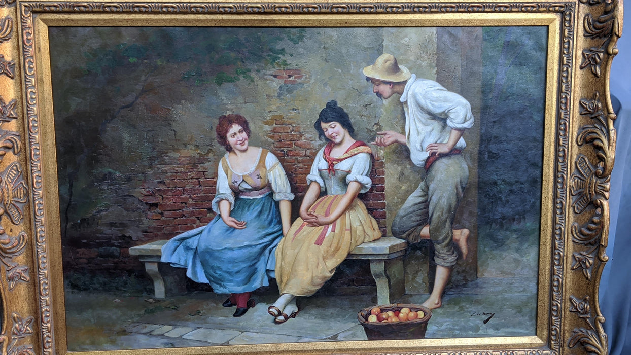 FRAMED COURTING LOVERS OIL PAINTING