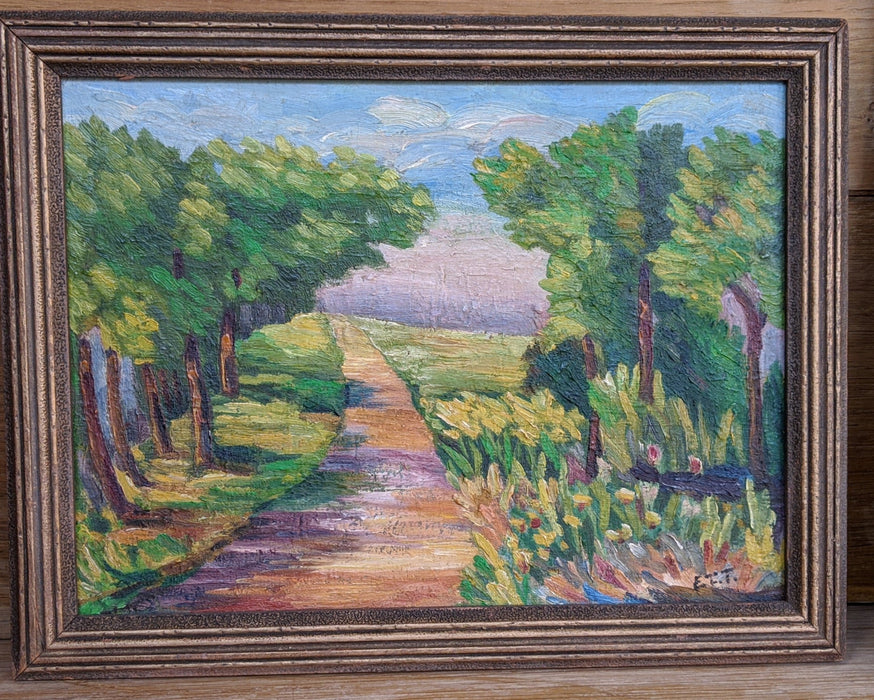 SMALL COLORFUL IMPRESSIONIST LANDSCAPE OF ROAD THROUGH TREES