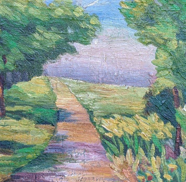 SMALL COLORFUL IMPRESSIONIST LANDSCAPE OF ROAD THROUGH TREES