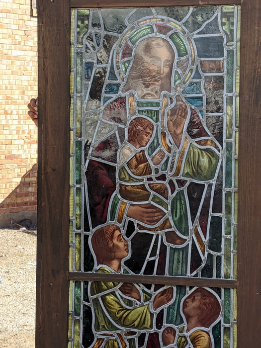 SUPERB TALL JESUS AND CHILDREN RELIGIOUS STAINED GLASS WINDOW