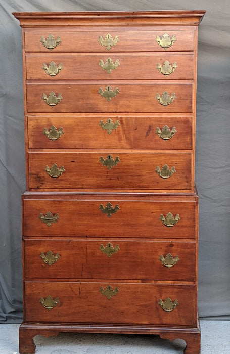 AMERICAN 18TH CENTURY CHEST ON CHEST WITH BRACKET FEET