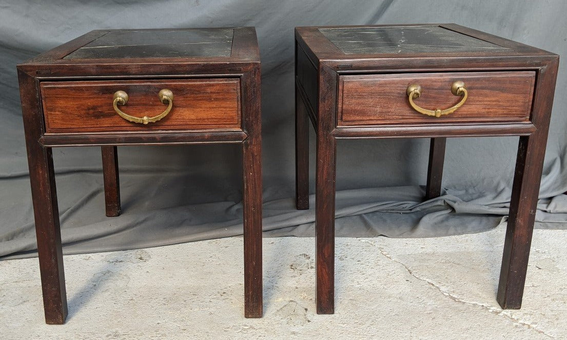 PAIR OF CHINOISERIE MARBLE TOP END TABLES