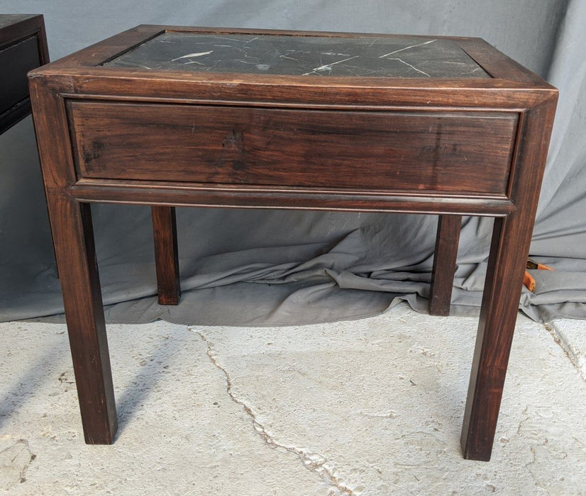 PAIR OF CHINOISERIE MARBLE TOP END TABLES