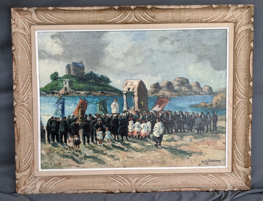 FRAMED OIL PAINTNG OF RELIGIOUS PROCESSION