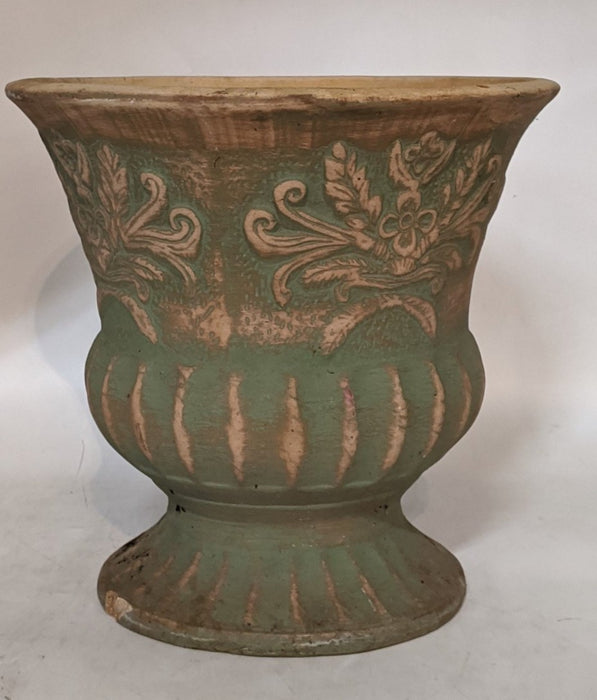 MATTE GREEN TERRA COTTA POT WITH RELIEF AS IS