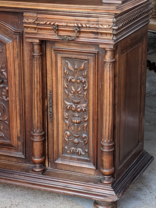 TALL HENRY II CARVED HUNTBOARD WITH BEVELED GLASS DOOR