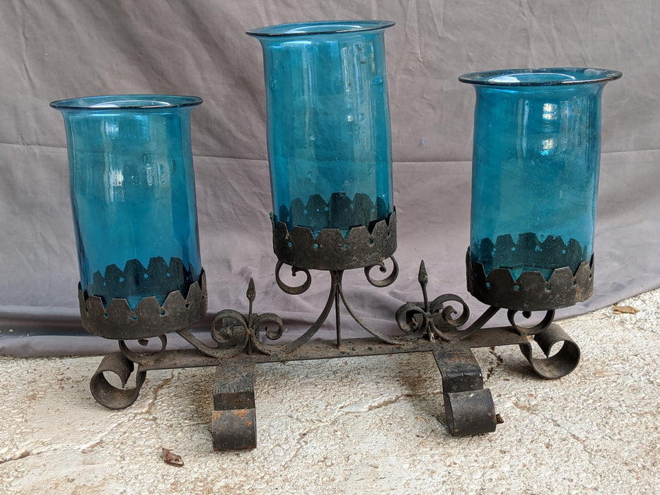 VERY LARGE IRON AND BLUE GLASS CENTER PIECE CANDELABRA