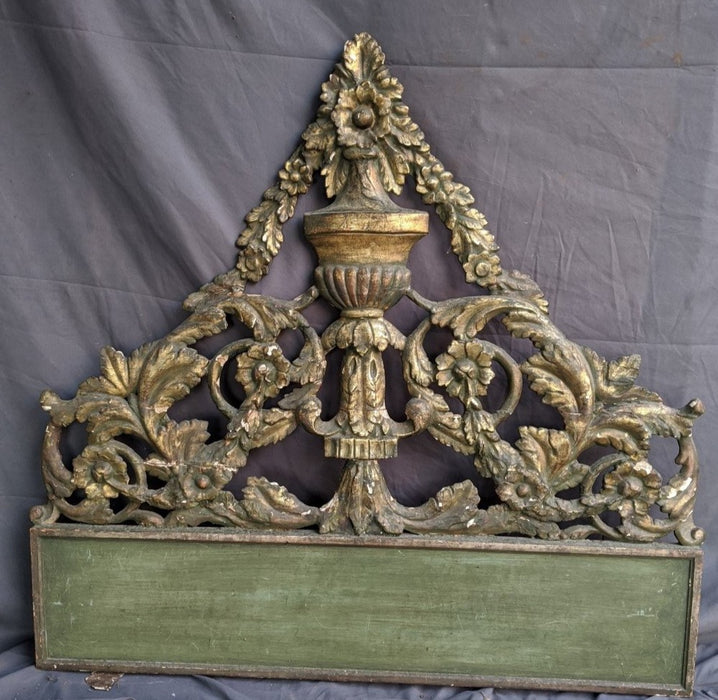 WOOD AND GESSO FRENCH DECORATIVE GREEN LARGE PEDIMENT OR DECOR