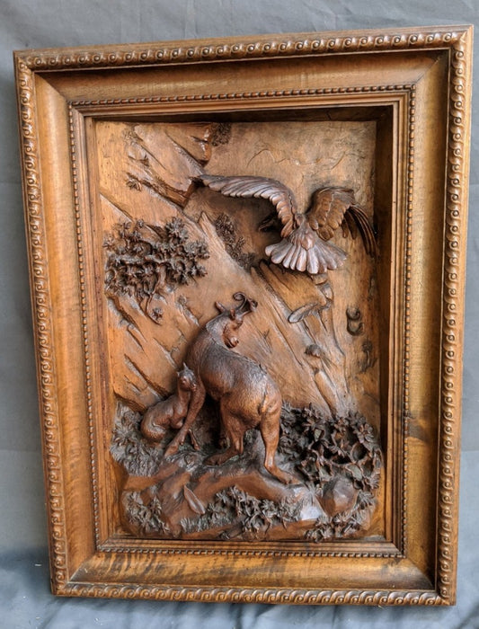 CARVED PLAQUE WITH GOATS AND EAGLES 19TH CENTURY