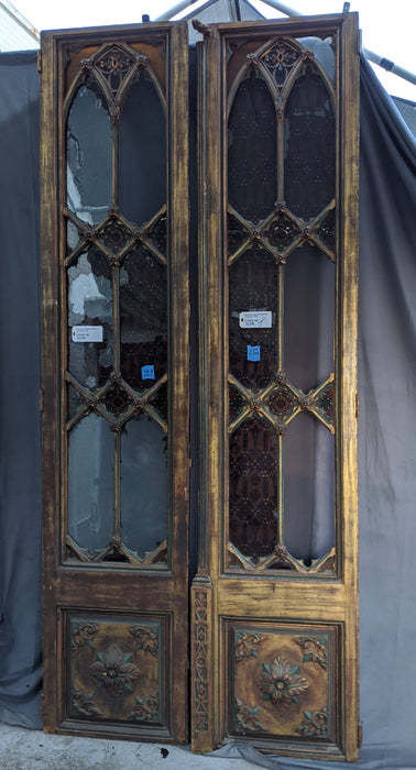 PAIR TALL GOTHIC DOORS AS IS GLASS C. 1880