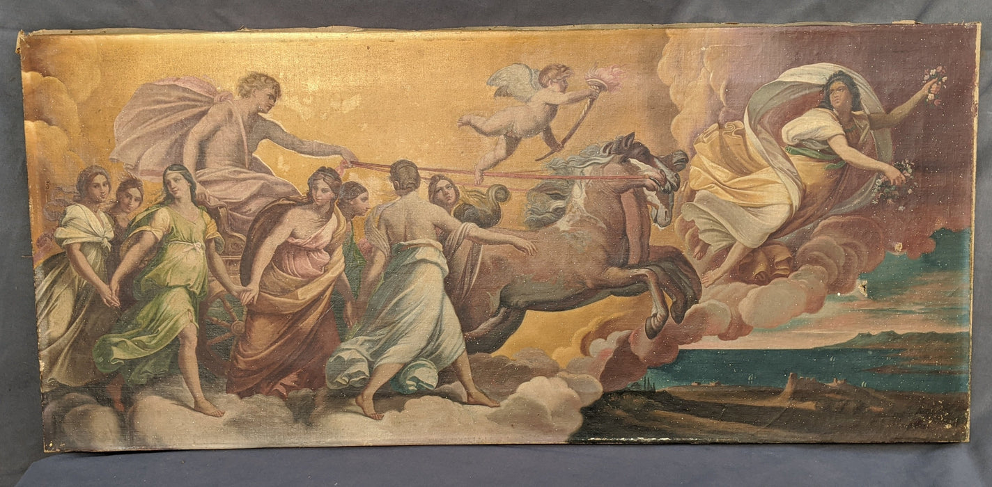 OIL PAINTING OF ANTIQUE CHARIOT AND PEOPLE