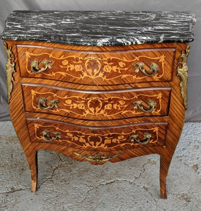 MARBLE TOP INLAID BOMBE CHEST AS FOUND