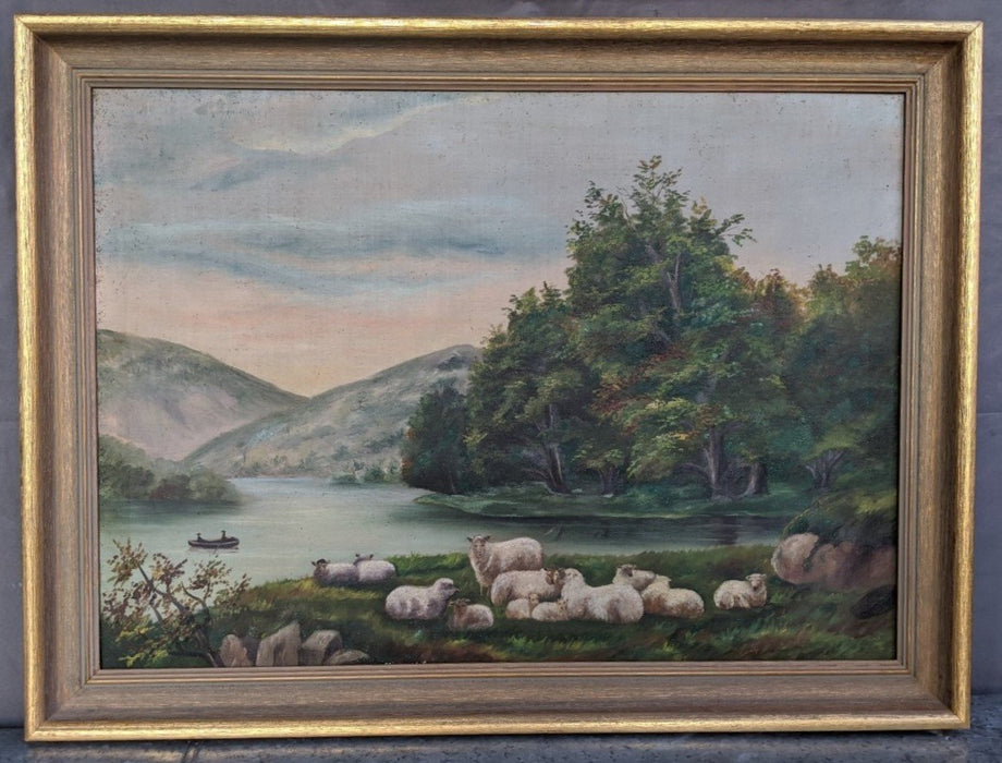 PASTORAL LANDSCAPE OIL PAINTING WITH SHEEP ON CANVAS, SIGNED