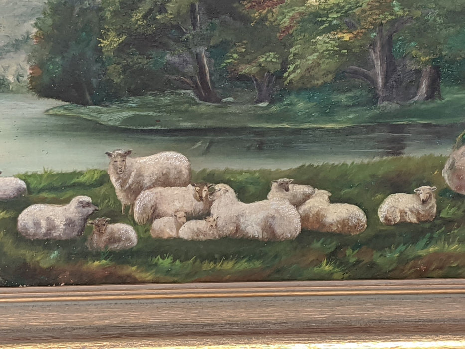 PASTORAL LANDSCAPE OIL PAINTING WITH SHEEP ON CANVAS, SIGNED