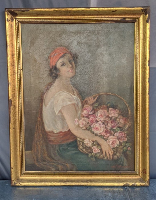 LARGE FRAMED OIL PAINTING OF WOMAN HOLDING FLOWERS