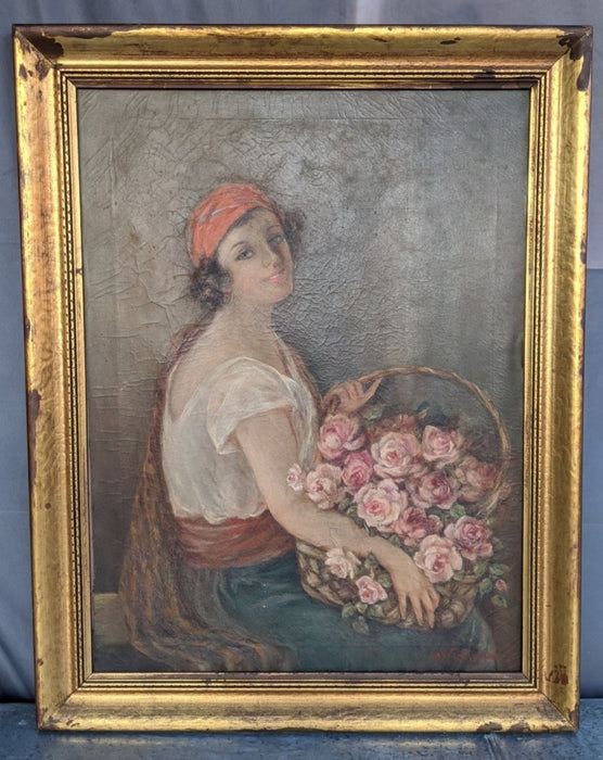 LARGE FRAMED OIL PAINTING OF WOMAN HOLDING FLOWERS