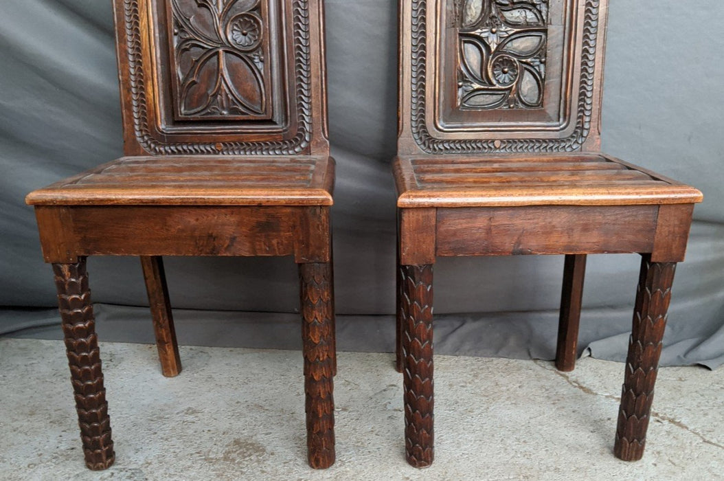 PAIR OF TRACERY AND FLORAL CARVED NEO GOTHIC WALNUT CHAIRS