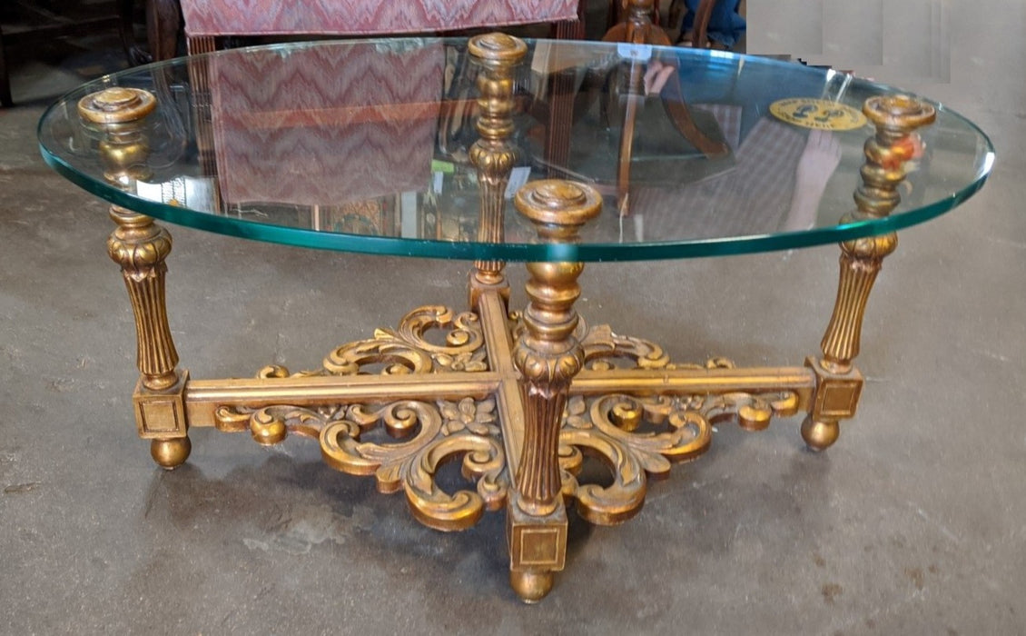 CARVED GILT WOOD  OVAL GLASS COFFEE TABLE