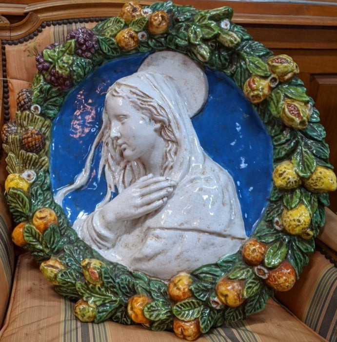 LARGE TERRA COTTA MARY PLAQUE WITH HALO