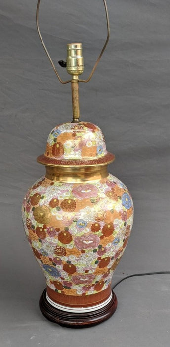 LARGE ASIAN GOLD AND ORANGE GINGER JAR LAMP WITH SHADE