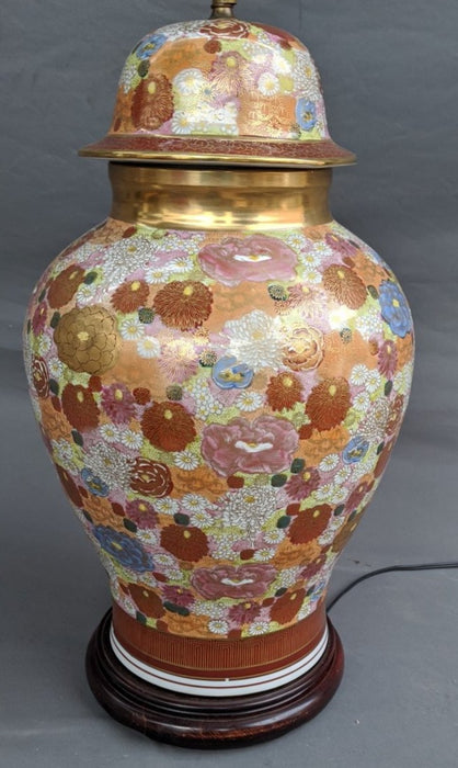 LARGE ASIAN GOLD AND ORANGE GINGER JAR LAMP WITH SHADE