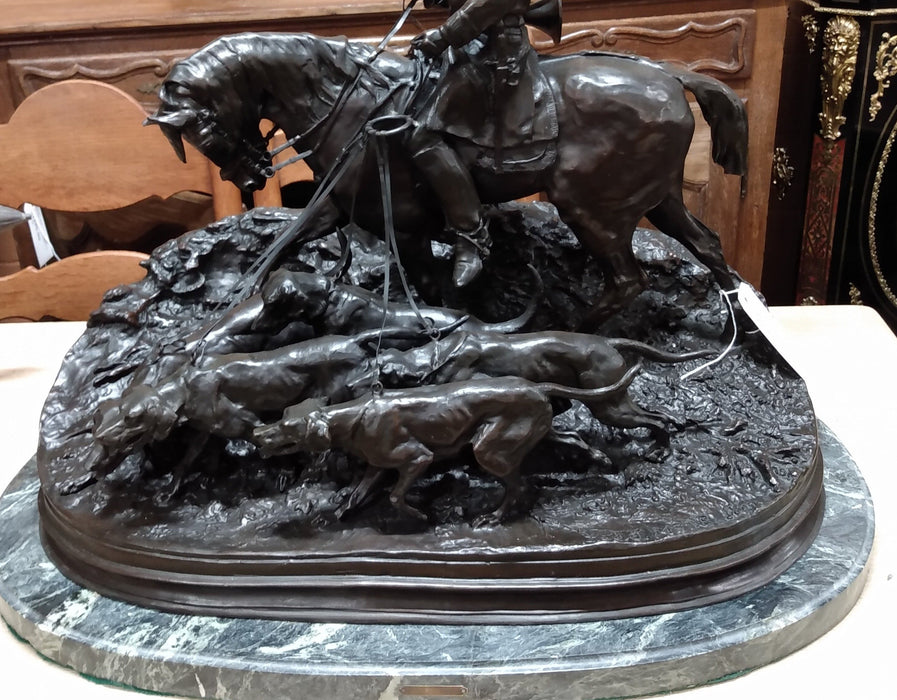 BRONZE NAPOLEON AND HOUNDS STATUE ON MARBLE BASE SIGNED BY PJ MENE 1869