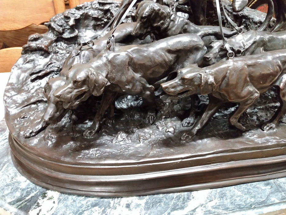 BRONZE NAPOLEON AND HOUNDS STATUE ON MARBLE BASE SIGNED BY PJ MENE 1869