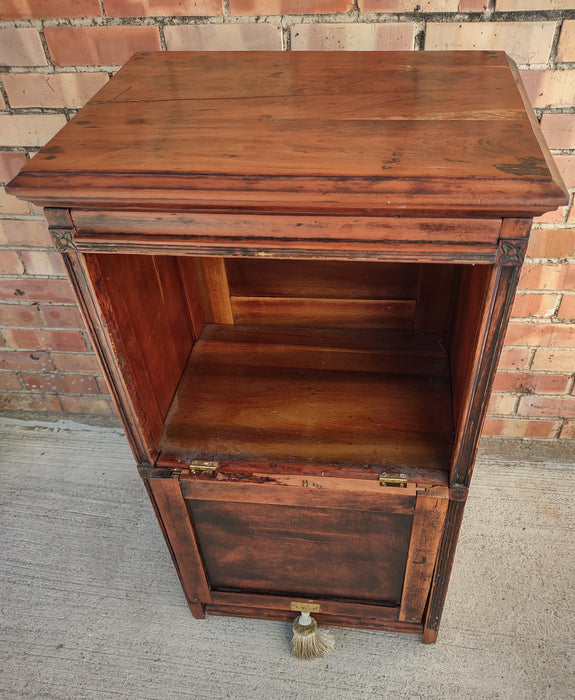 SMALL CABINET WITH CARVED DROPFRONT DOOR AND FILE SLOTS