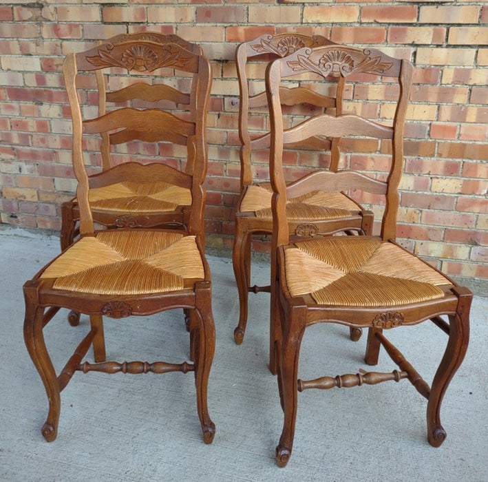 SET OF 4 OAK LOUIS XV STYLE RUSH SEAT CHAIRS