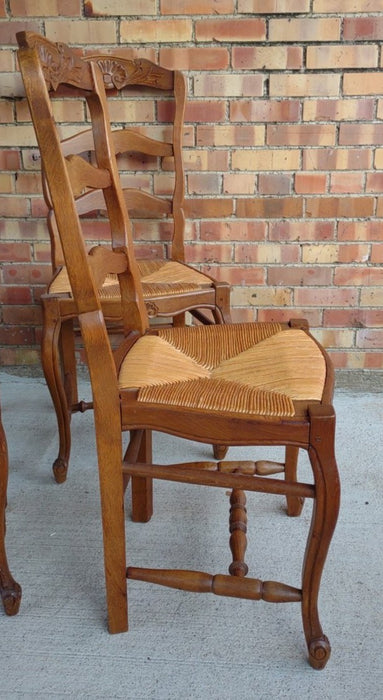 SET OF 4 OAK LOUIS XV STYLE RUSH SEAT CHAIRS