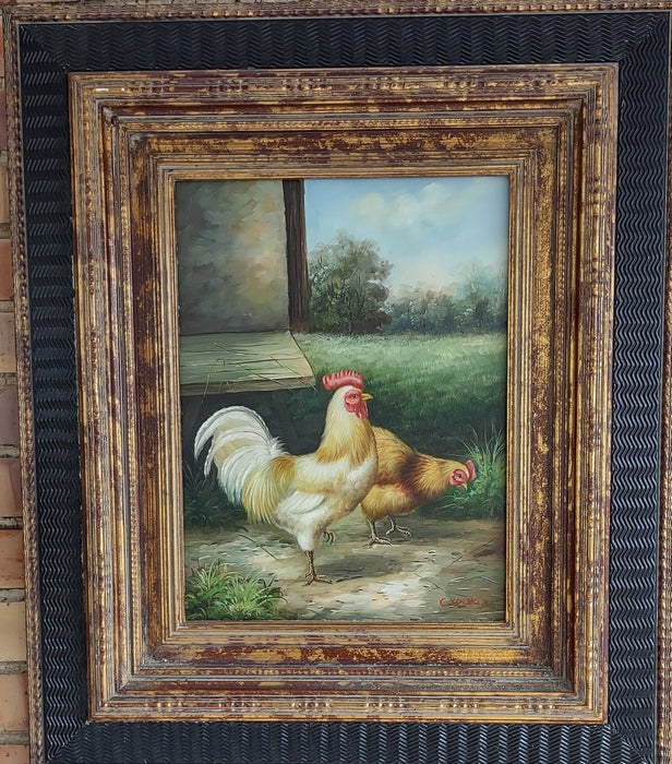 FRAMED ROOSTER OIL PAINTING