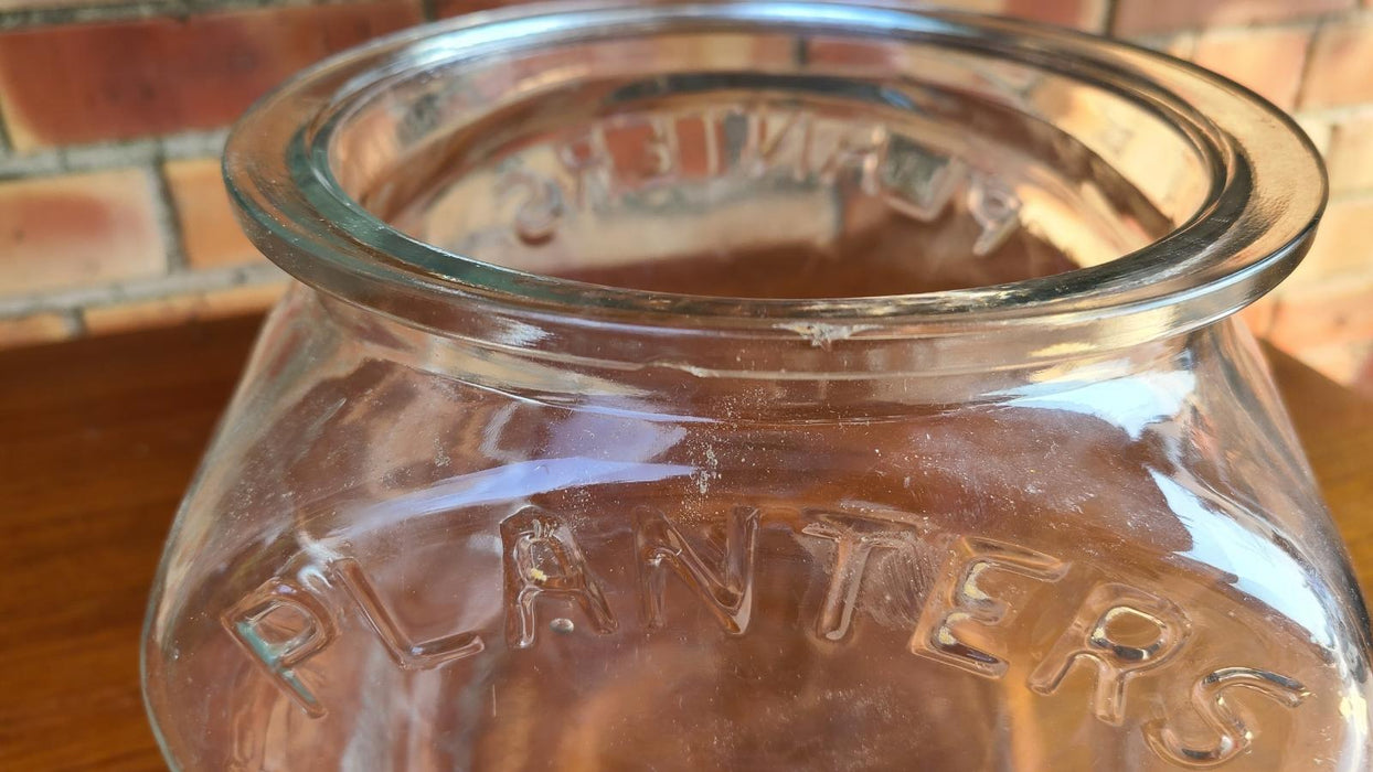 CLEAR PLANTER PEANUT JAR WITH CHIP UNDER RIM