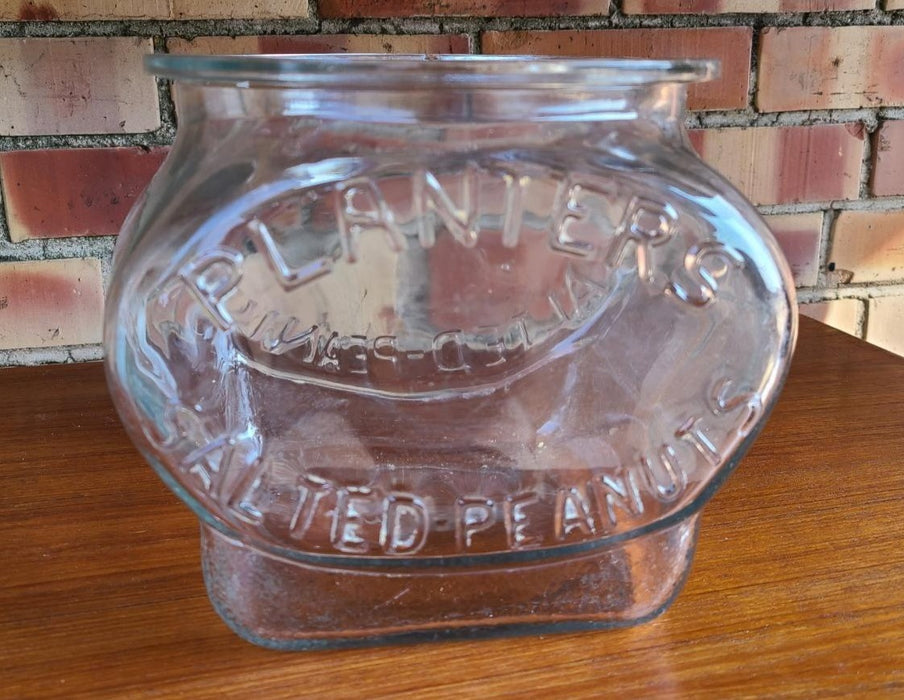 CLEAR PLANTER PEANUT JAR WITH CHIP UNDER RIM