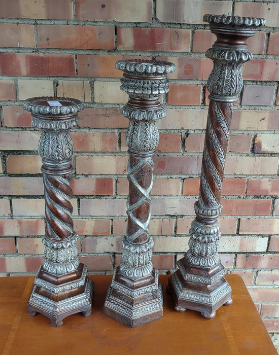SET OF 3 TALL RESIN WOOD LOOK CANDLE STANDS