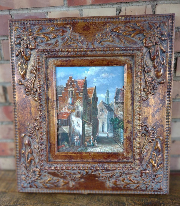 SMALL FRAMED OIL PAINTING OF EUROPEAN TOWN