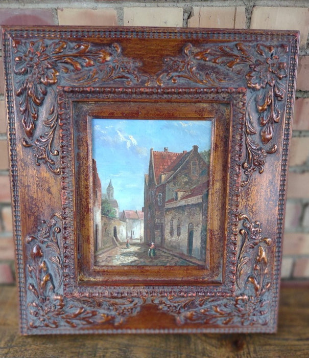 OIL PAINTING OF VILLAGE STREET IN ROSE GOLD FRAME