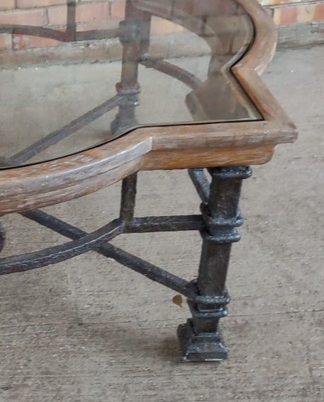 LARGE IRON BASE COFFEE TABLE WITH GLASS AND TEAK TOP