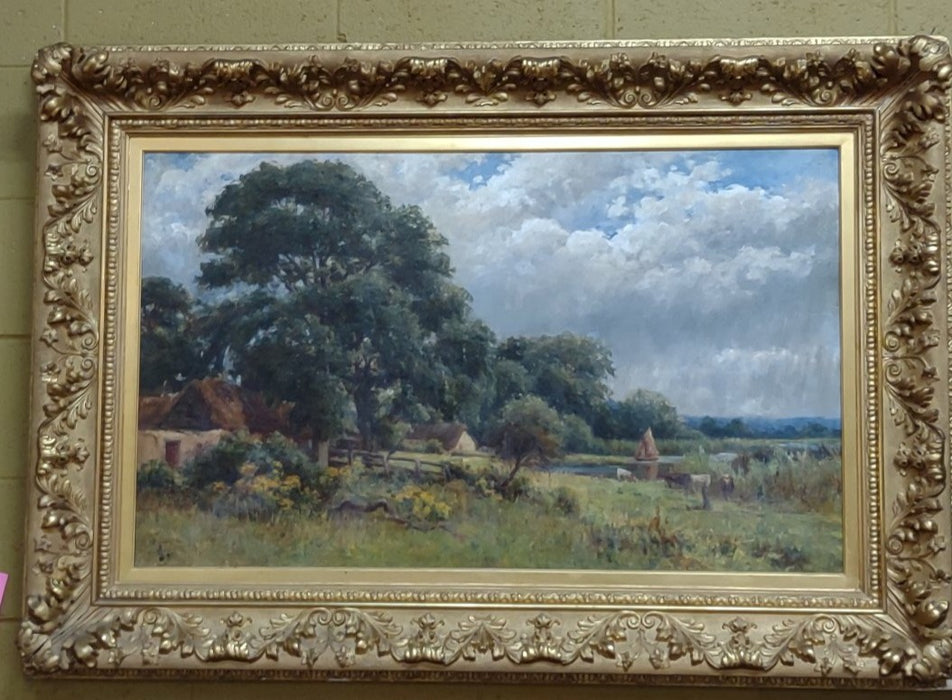LARGE  BUCOLIC PASTORAL OIL PAINTING IN ORNATE GILT FRAME