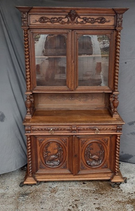 FRENCH HUNTBOARD WITH GLASS UPPER DOORS AND CARVED BIRD LOWER DOORS