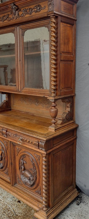 FRENCH HUNTBOARD WITH GLASS UPPER DOORS AND CARVED BIRD LOWER DOORS