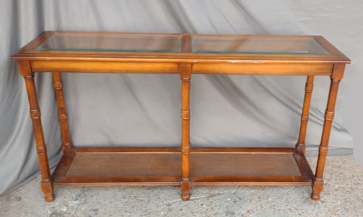 AMERICAN GLASS TOP SOFA TABLE WITH CANING