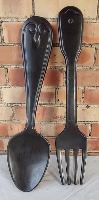 LARGE CARVED WOOD FORK AND SPOON