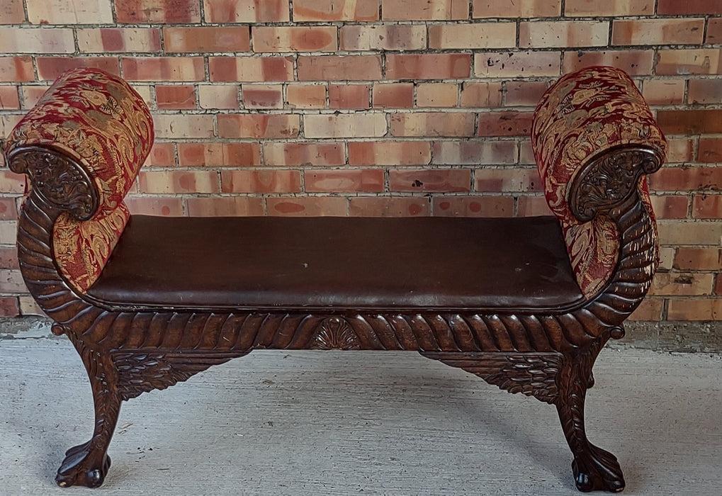 CARVED BENCH WITH LEATHER SEAT-NOT OLD-AS FOUND TAPESTRY UPHOLSTERY