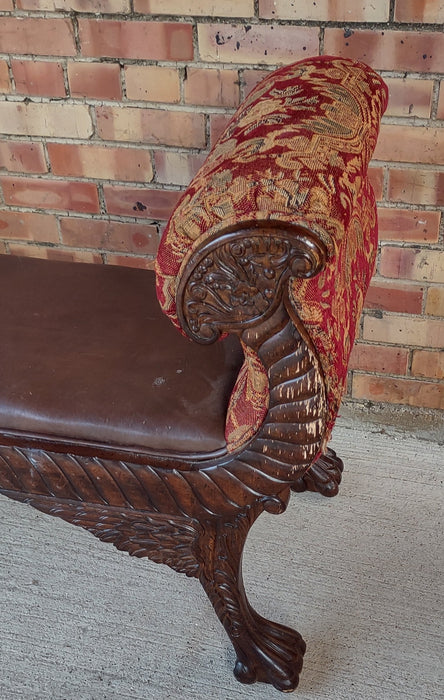 CARVED BENCH WITH LEATHER SEAT-NOT OLD-AS FOUND TAPESTRY UPHOLSTERY