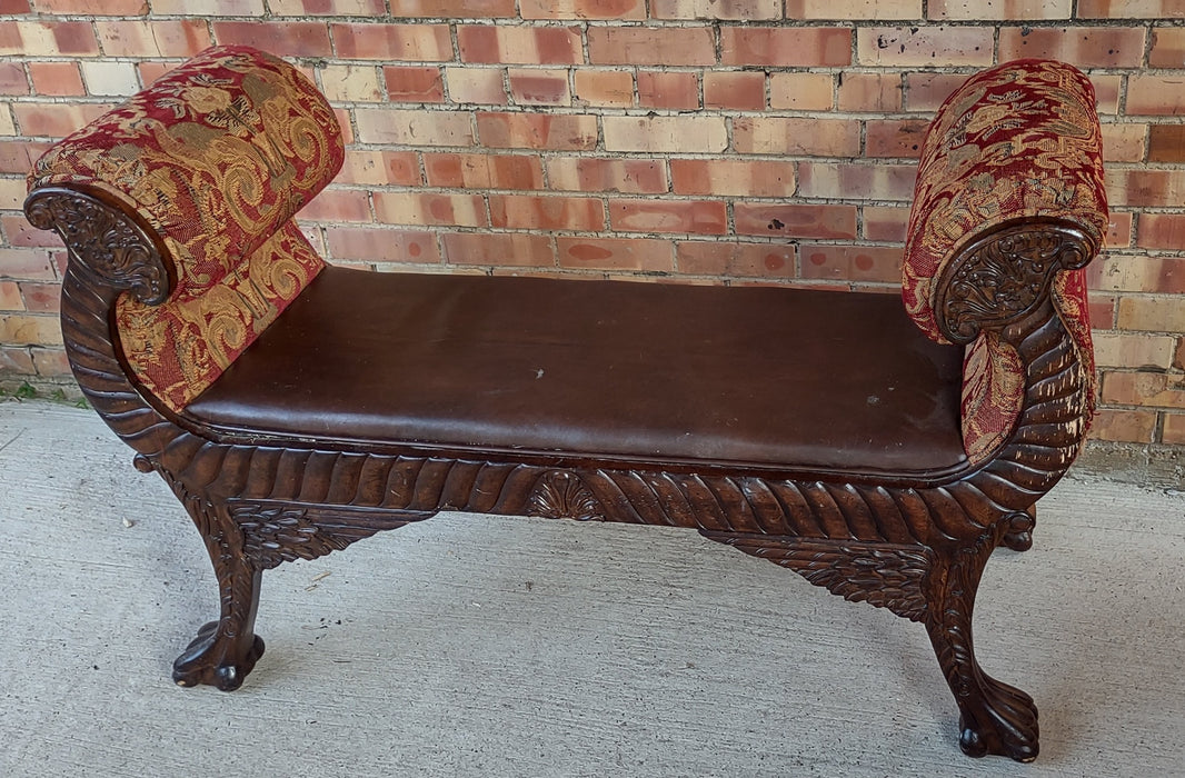 CARVED BENCH WITH LEATHER SEAT-NOT OLD-AS FOUND TAPESTRY UPHOLSTERY